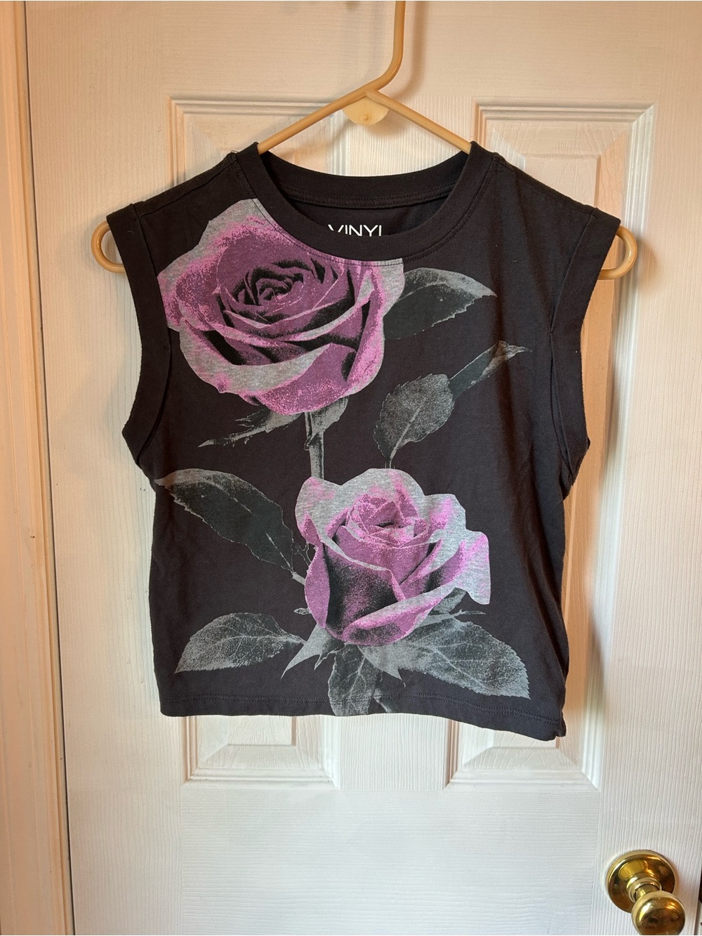 Vinyl Black Crop Muscle Tee with Pink Rose Print